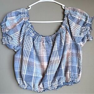 American Eagle Outfitters Blue and Tan Plaid Smocked Crop Top